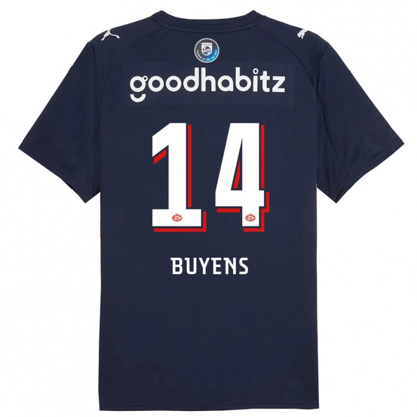 Danxen Børn Mathieu Buyens #14 Navy Hvid Udebane Spillertrøjer 2025/26 Trøje T-Shirt
