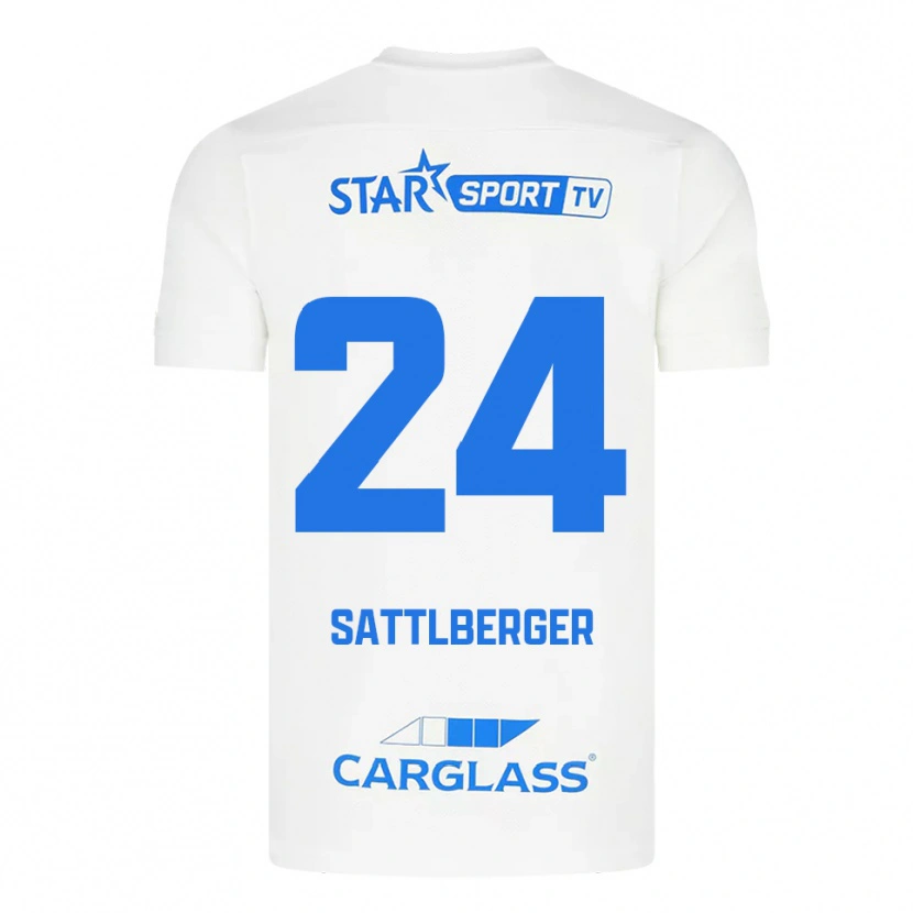 Danxen Børn Nikolas Sattlberger #24 Hvid Blå Udebane Spillertrøjer 2025/26 Trøje T-Shirt