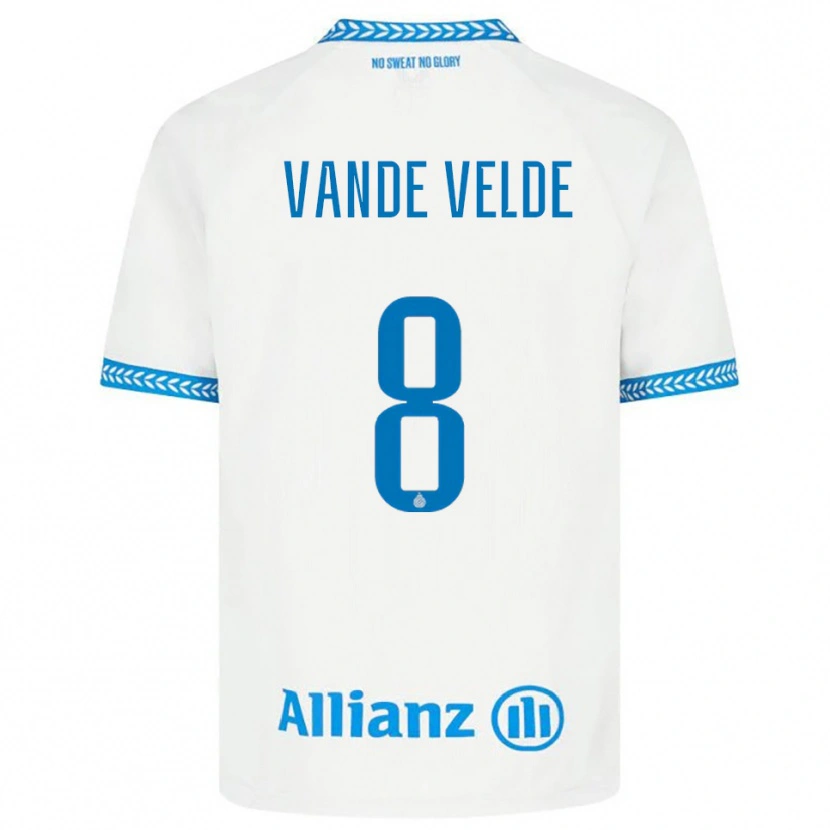 Danxen Mænd Chloé Vande Velde #8 Blå Hvid Udebane Spillertrøjer 2025/26 Trøje T-Shirt
