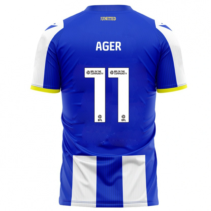 Danxen Mænd Emily Ager #11 Blå Hvid Hjemmebane Spillertrøjer 2025/26 Trøje T-Shirt
