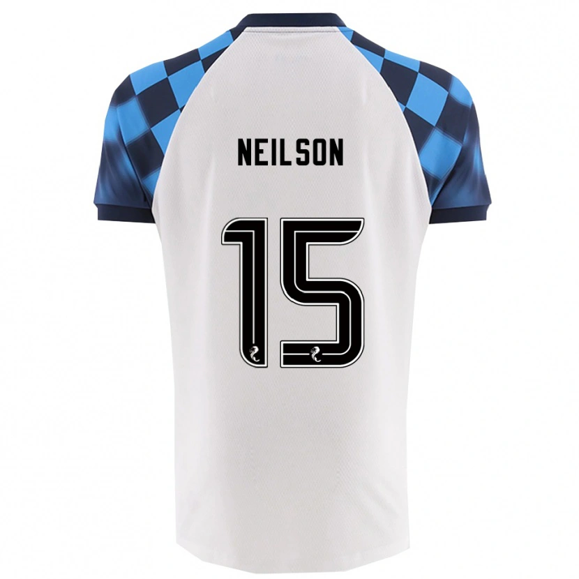 Danxen Mænd Lewis Neilson #15 Hvid Lyseblå Udebane Spillertrøjer 2025/26 Trøje T-Shirt