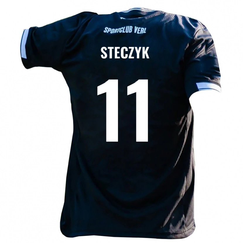 Danxen Børn Dominik Steczyk #11 Sort Hvid Udebane Spillertrøjer 2025/26 Trøje T-Shirt