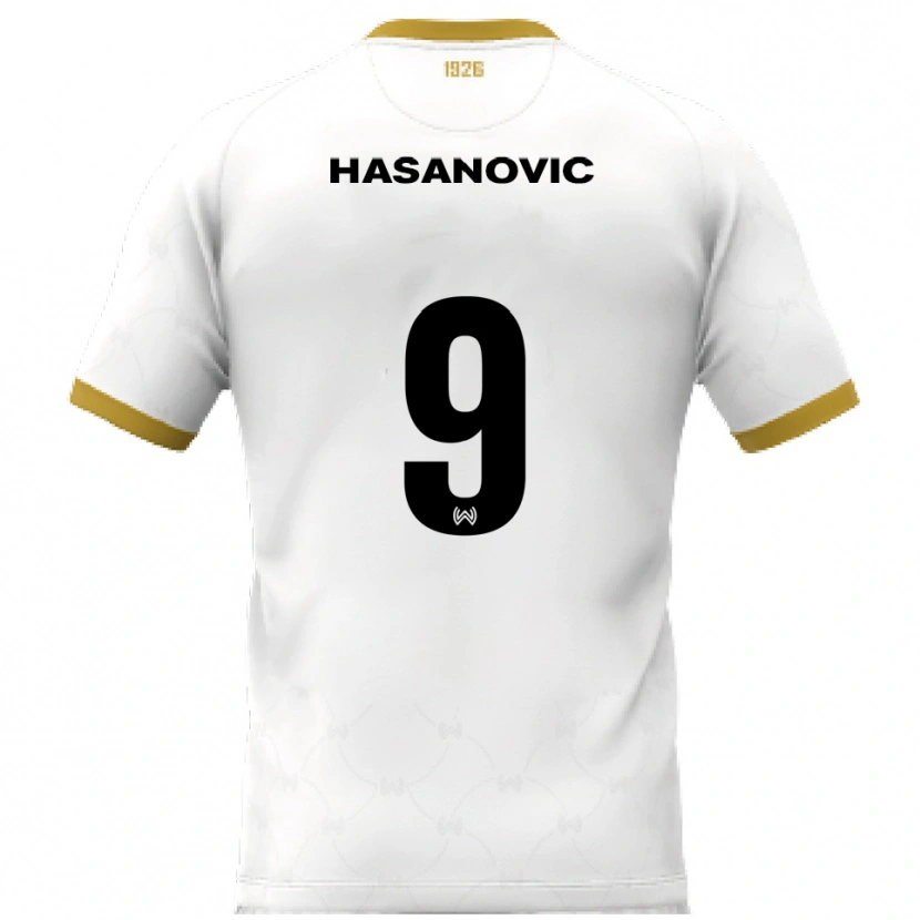 Danxen Børn Karim Hasanovic #9 Hvid Guld Udebane Spillertrøjer 2025/26 Trøje T-Shirt