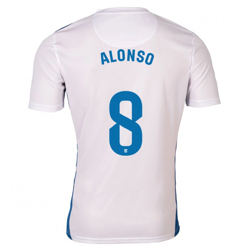 Danxen Mænd Javi Alonso #8 Hvid Blå Hjemmebane Spillertrøjer 2025/26 Trøje T-Shirt