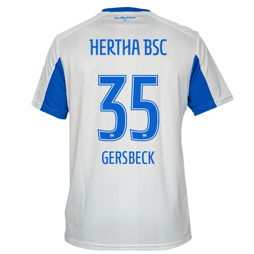 Danxen Mænd Marius Gersbeck #35 Hvid Blå Udebane Spillertrøjer 2025/26 Trøje T-Shirt