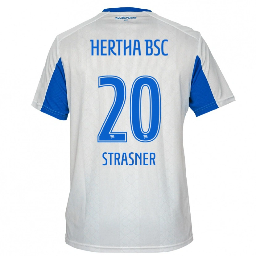 Danxen Kvinder Eliyas Strasner #20 Hvid Blå Udebane Spillertrøjer 2025/26 Trøje T-Shirt