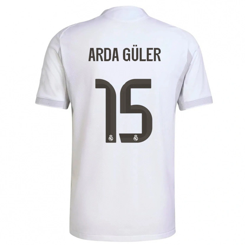 Danxen Børn Arda Güler #15 Hvid Gul Hjemmebane Spillertrøjer 2025/26 Trøje T-Shirt