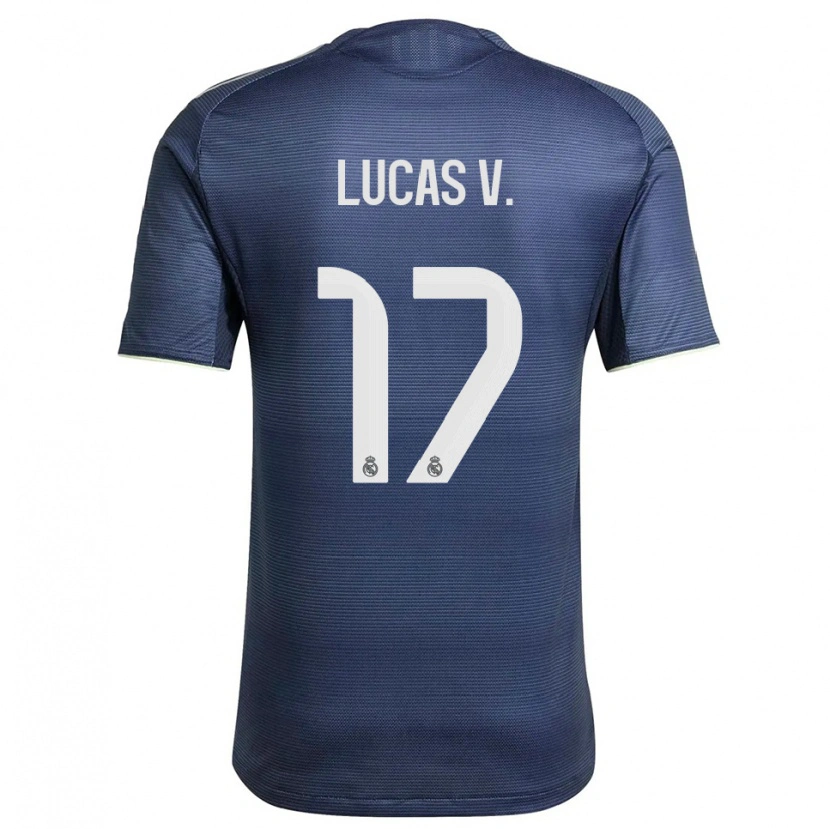 Danxen Børn Lucas Vazquez #17 Navy Sølv Udebane Spillertrøjer 2025/26 Trøje T-Shirt
