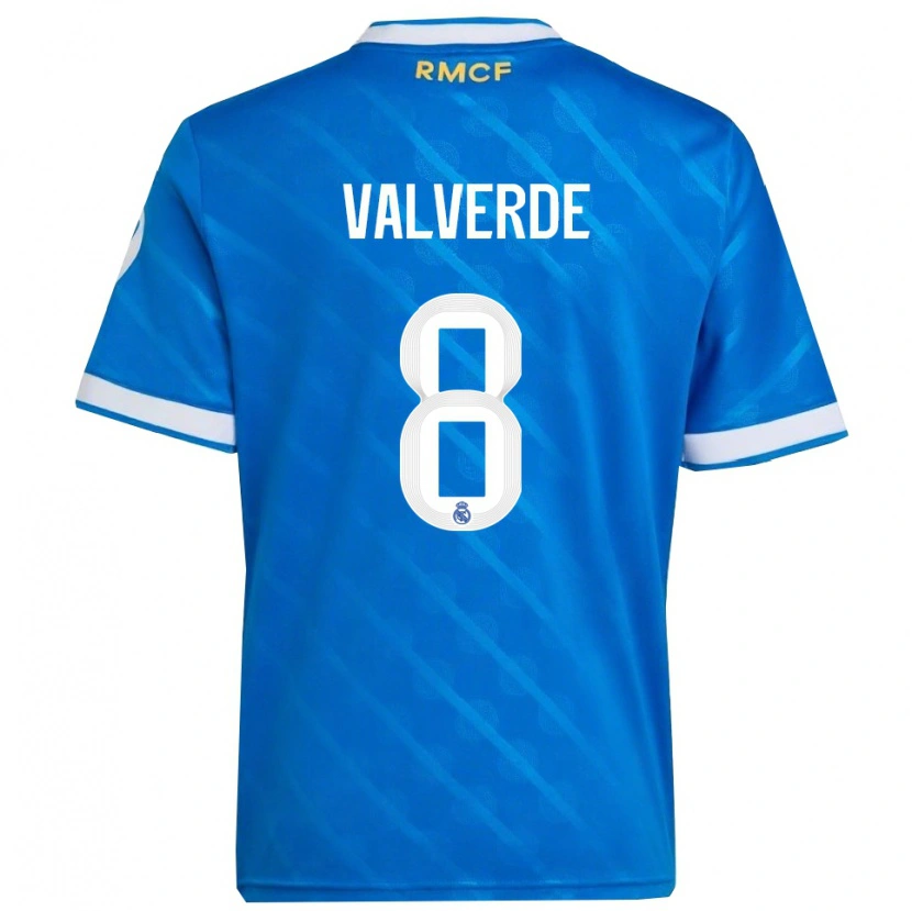 Danxen Børn Federico Valverde #8 Blå Hvid Tredje Sæt Spillertrøjer 2025/26 Trøje T-Shirt