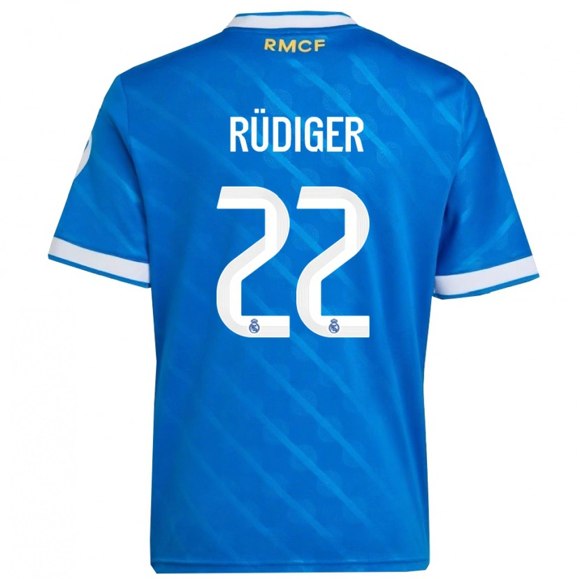 Danxen Mænd Antonio Rüdiger #22 Blå Hvid Tredje Sæt Spillertrøjer 2025/26 Trøje T-Shirt