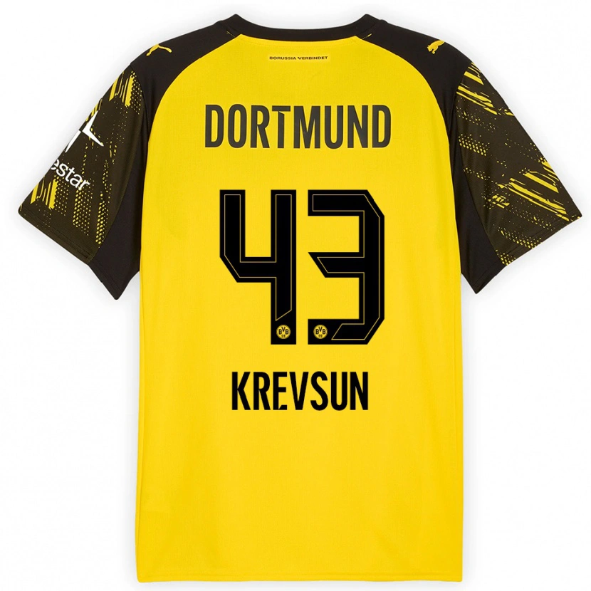 Danxen Børn Danylo Krevsun #43 Gul Sort Hjemmebane Spillertrøjer 2025/26 Trøje T-Shirt