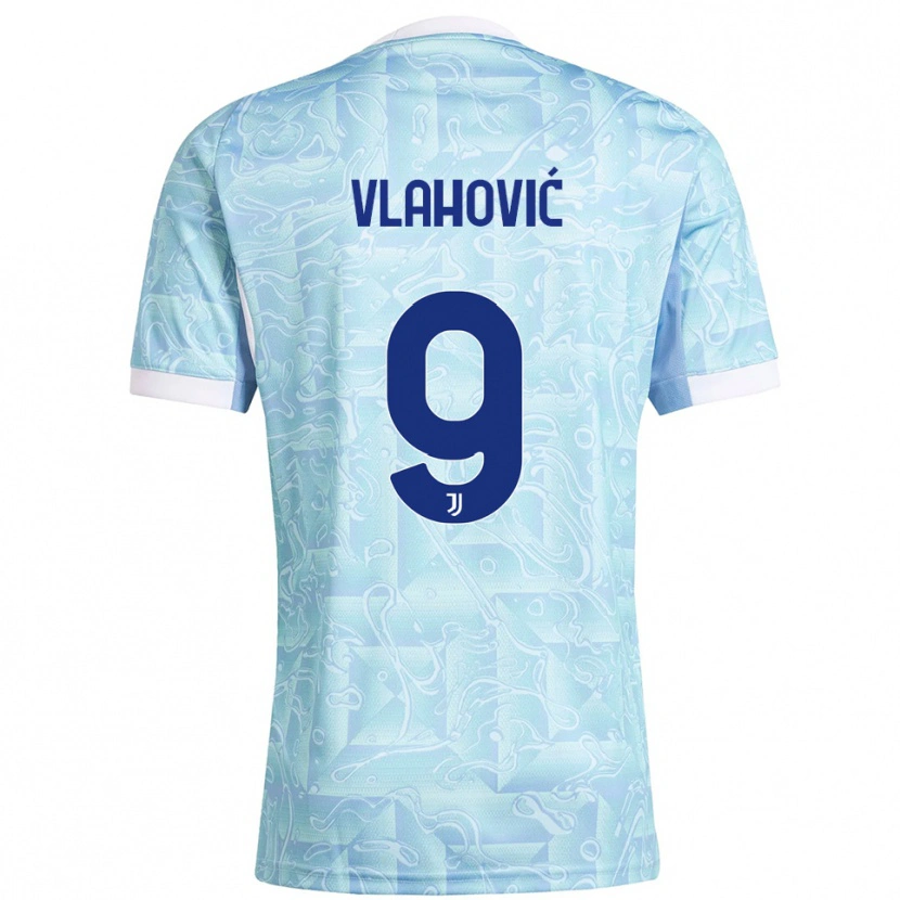 Danxen Børn Dušan Vlahović #9 Lyseblå Gul Udebane Spillertrøjer 2025/26 Trøje T-Shirt