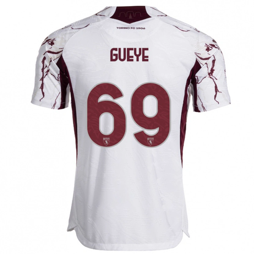 Danxen Børn Ousmane Gueye #69 Hvid Burgunder Udebane Spillertrøjer 2025/26 Trøje T-Shirt