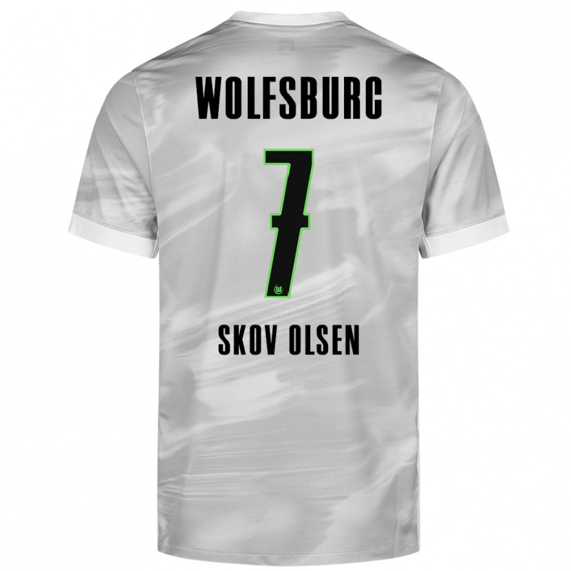 Danxen Børn Andreas Skov Olsen #7 Grå Hvid Udebane Spillertrøjer 2025/26 Trøje T-Shirt