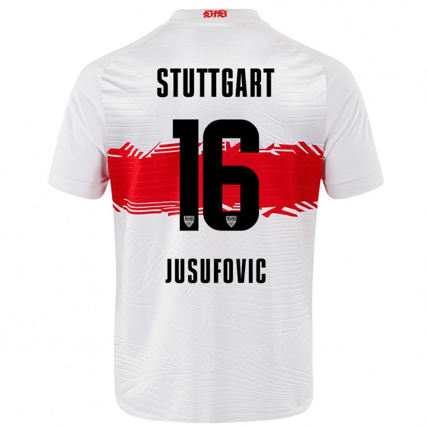 Danxen Mænd Farah Jusufović #16 Hvid Rød Hjemmebane Spillertrøjer 2025/26 Trøje T-Shirt