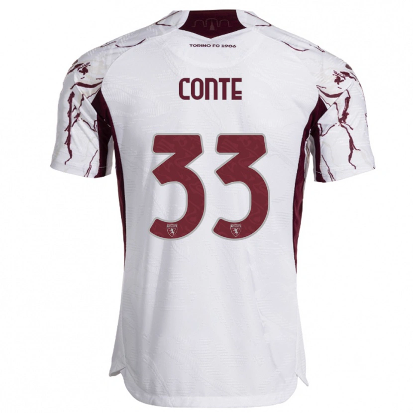 Danxen Mænd Gioele Conte #33 Hvid Burgunder Udebane Spillertrøjer 2025/26 Trøje T-Shirt