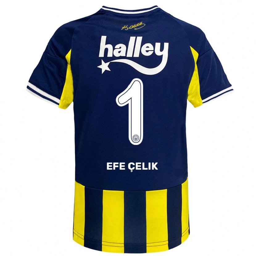 Danxen Børn Mehmet Efe Çelik #1 Gul Mørkeblå Hvid Hjemmebane Spillertrøjer 2025/26 Trøje T-Shirt