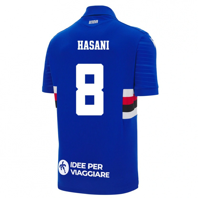 Danxen Mænd Adam Hasani #8 Blå Hvid Hjemmebane Spillertrøjer 2025/26 Trøje T-Shirt