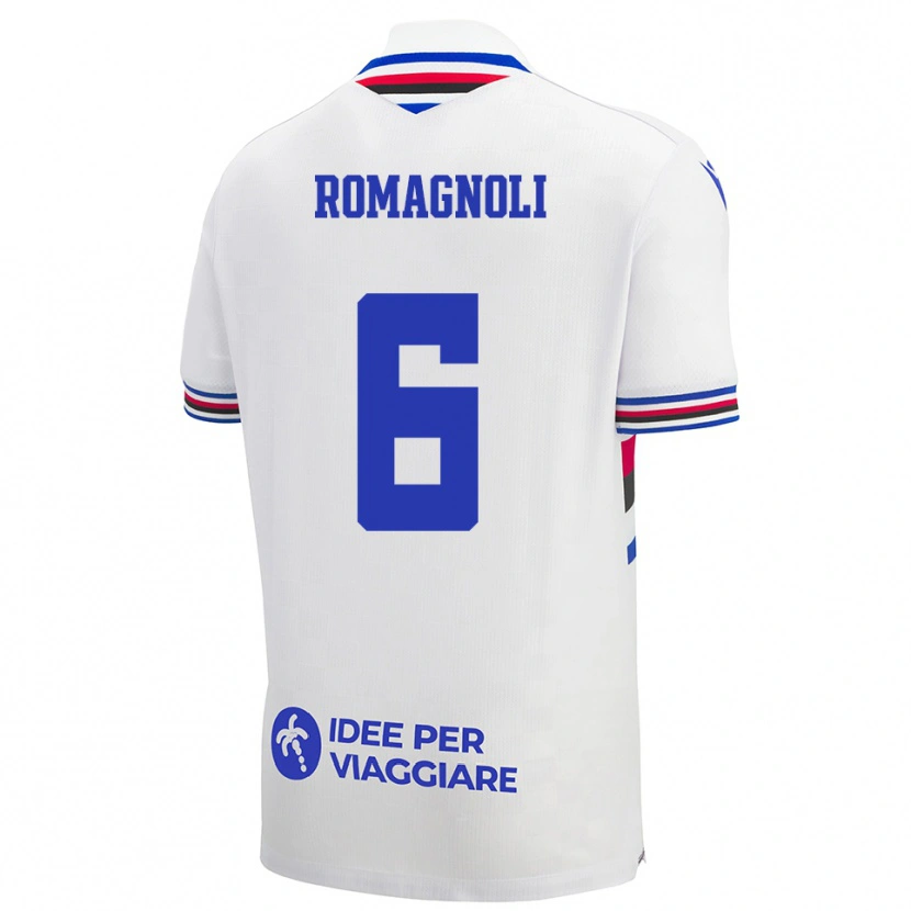 Danxen Mænd Simone Romagnoli #6 Hvid Blå Rød Udebane Spillertrøjer 2025/26 Trøje T-Shirt