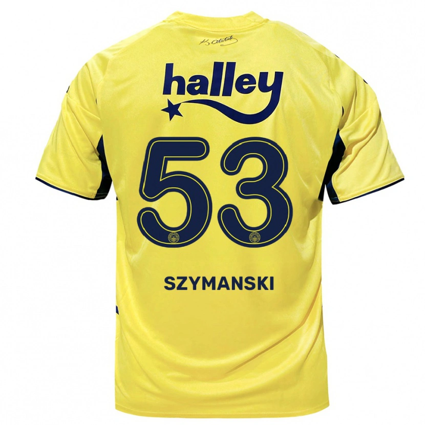 Danxen Kvinder Sebastian Szymański #53 Gul Mørkeblå Udebane Spillertrøjer 2025/26 Trøje T-Shirt
