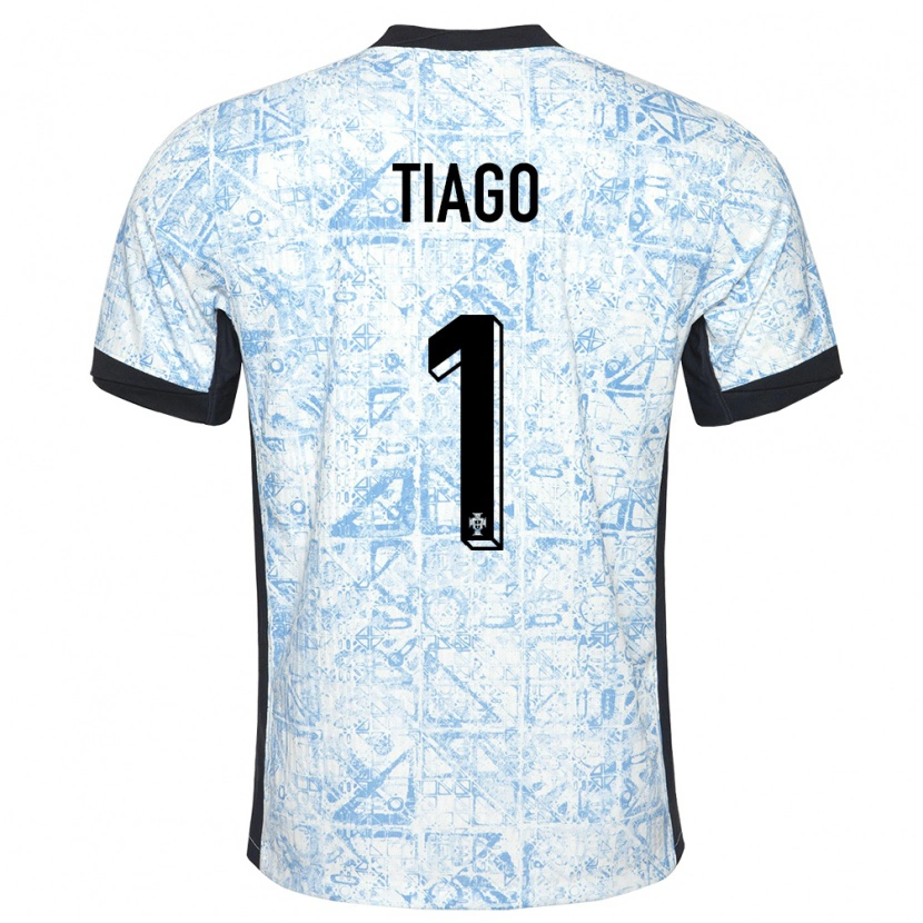 Danxen Børn Portugal Tiago Ferreira #1 Creme Blå Udebane Spillertrøjer 24-26 Trøje T-Shirt