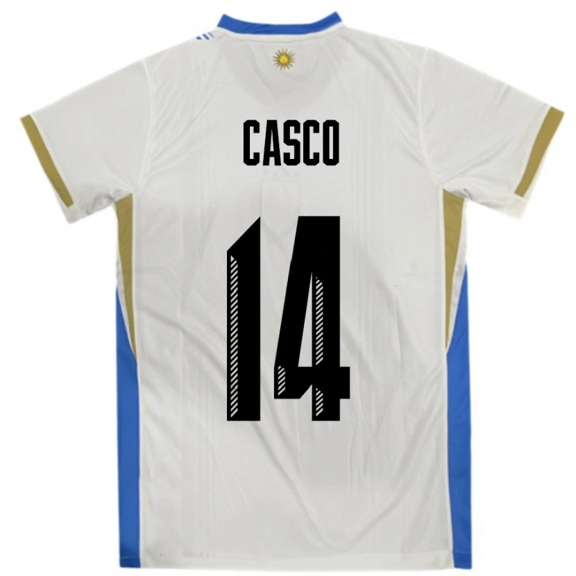 Danxen Børn Uruguay Maximiliano Casco #14 Hvid Blå Udebane Spillertrøjer 24-26 Trøje T-Shirt