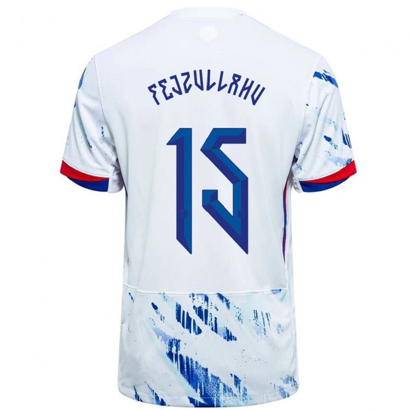 Danxen Børn Norge Arigon Fejzullahu #15 Hvid Blå Udebane Spillertrøjer 24-26 Trøje T-Shirt
