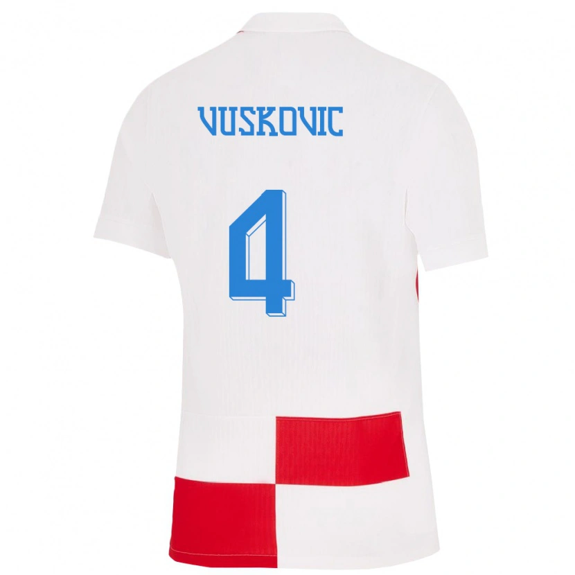 Danxen Mænd Kroatien Luka Vuskovic #4 Hvid Rød Hjemmebane Spillertrøjer 24-26 Trøje T-Shirt