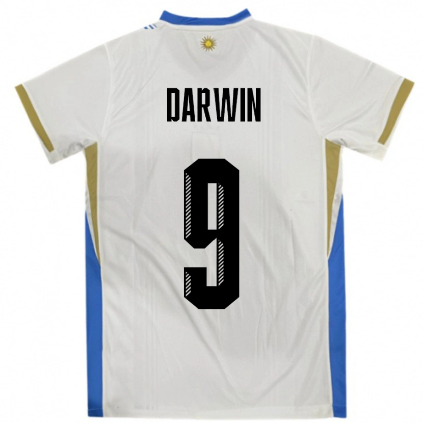 Danxen Mænd Uruguay Darwin Núñez #9 Hvid Blå Udebane Spillertrøjer 24-26 Trøje T-Shirt