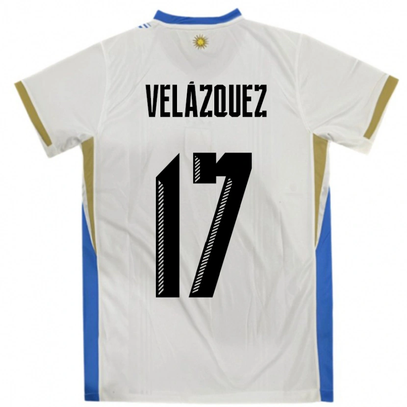 Danxen Mænd Uruguay Ezequiel Velázquez #17 Hvid Blå Udebane Spillertrøjer 24-26 Trøje T-Shirt