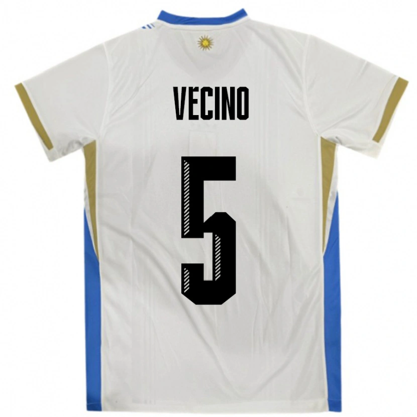 Danxen Mænd Uruguay Matias Vecino #5 Hvid Blå Udebane Spillertrøjer 24-26 Trøje T-Shirt