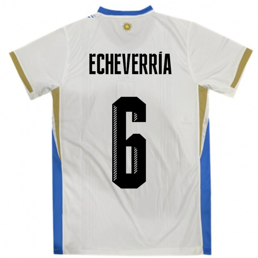 Danxen Mænd Uruguay Juan Echeverria #6 Hvid Blå Udebane Spillertrøjer 24-26 Trøje T-Shirt