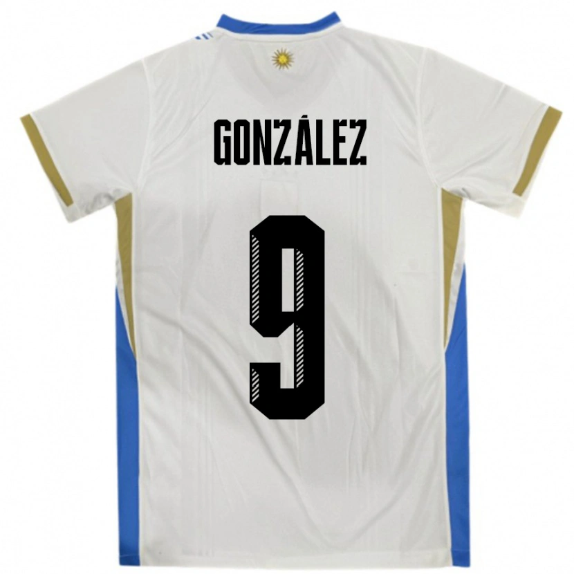 Danxen Mænd Uruguay Pamela Gonzalez #9 Hvid Blå Udebane Spillertrøjer 24-26 Trøje T-Shirt