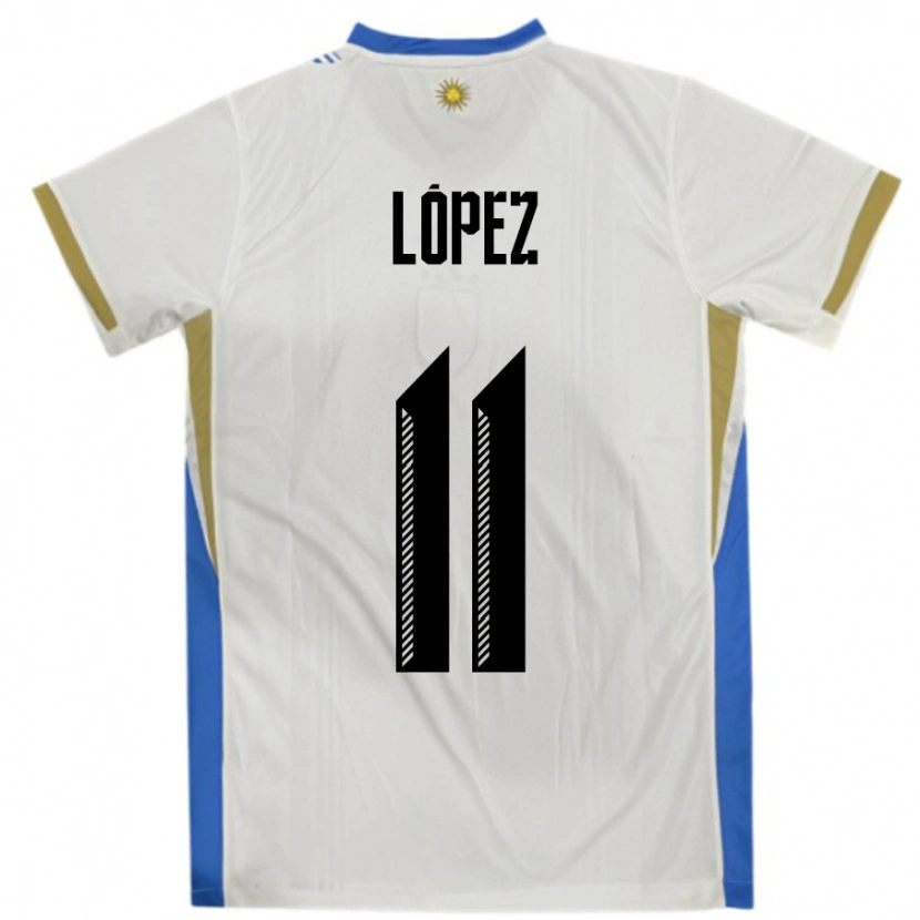 Danxen Mænd Uruguay Guillermo Lopez #11 Hvid Blå Udebane Spillertrøjer 24-26 Trøje T-Shirt