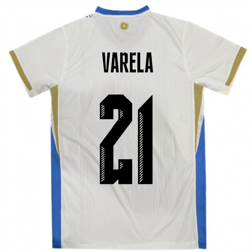 Danxen Mænd Uruguay Gullermo Varela #21 Hvid Blå Udebane Spillertrøjer 24-26 Trøje T-Shirt
