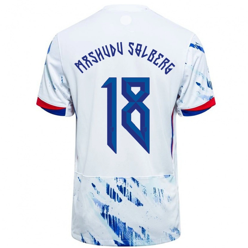 Danxen Mænd Norge Mathias Mashudu Solberg #18 Hvid Blå Udebane Spillertrøjer 24-26 Trøje T-Shirt
