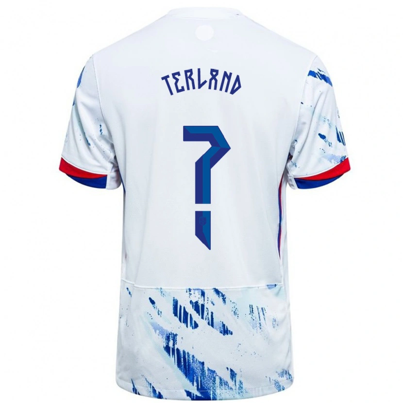 Danxen Mænd Norge Elisabeth Terland #0 Hvid Blå Udebane Spillertrøjer 24-26 Trøje T-Shirt