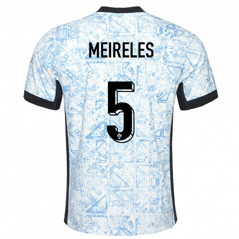 Danxen Kvinder Portugal Afonso Meireles #5 Creme Blå Udebane Spillertrøjer 24-26 Trøje T-Shirt
