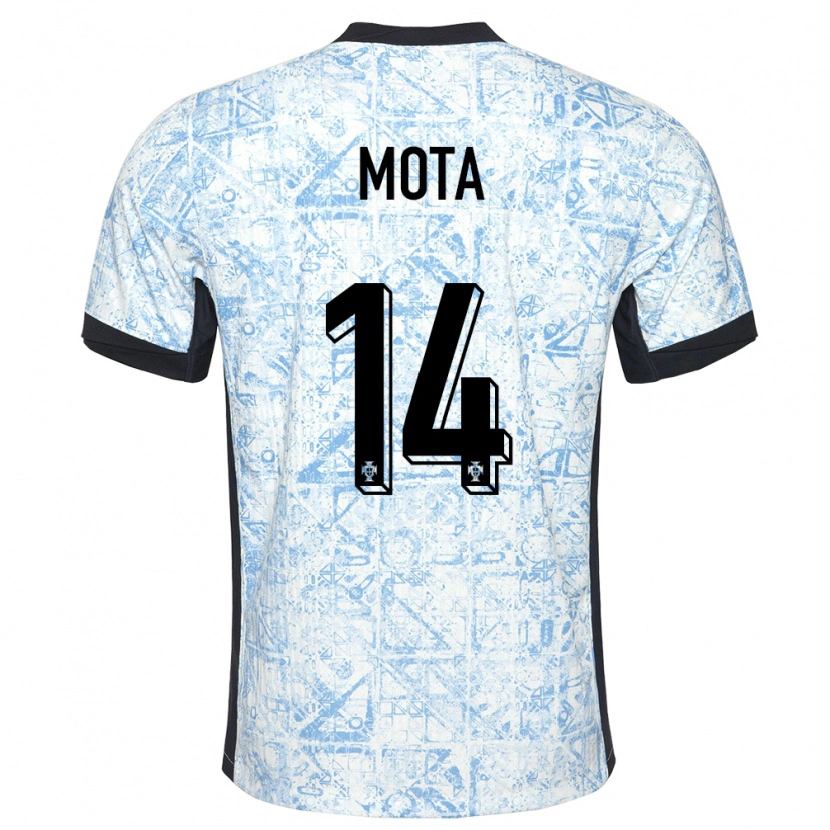 Danxen Kvinder Portugal Edgar Mota #14 Creme Blå Udebane Spillertrøjer 24-26 Trøje T-Shirt