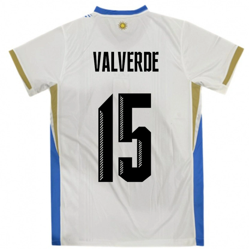 Danxen Kvinder Uruguay Federico Valverde #15 Hvid Blå Udebane Spillertrøjer 24-26 Trøje T-Shirt