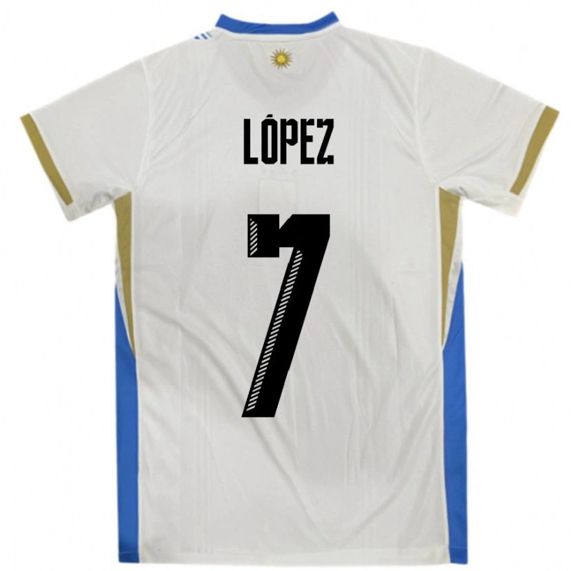 Danxen Kvinder Uruguay Nahuel López #7 Hvid Blå Udebane Spillertrøjer 24-26 Trøje T-Shirt