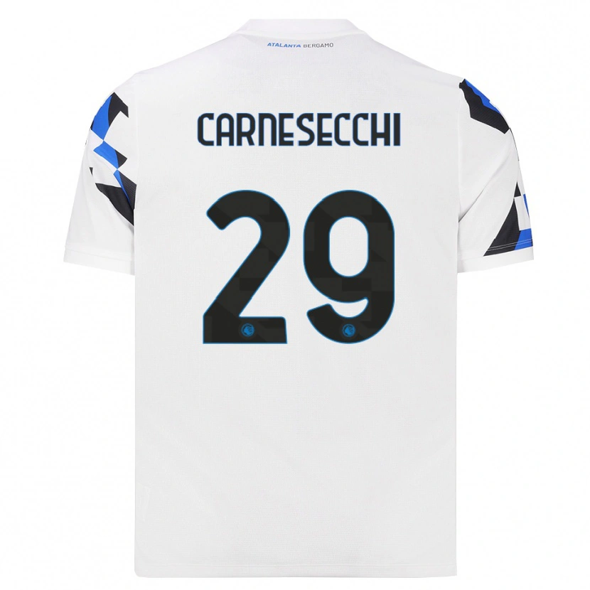 Danxen Børn Marco Carnesecchi #29 Hvid Rød Blå Udebane Spillertrøjer 2026/27 Trøje T-Shirt