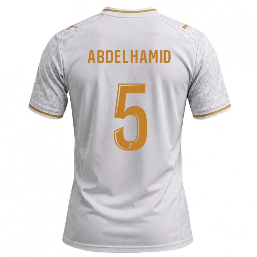 Danxen Mænd Yunis Abdelhamid #5 Hvid Grå Gyldenrod Udebane Spillertrøjer 2026/27 Trøje T-Shirt