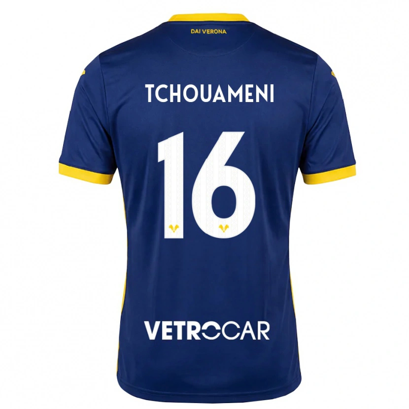 Danxen Børn Alex Tchouameni #16 Kongelig Blå Gul Hvid Hjemmebane Spillertrøjer 2026/27 Trøje T-Shirt