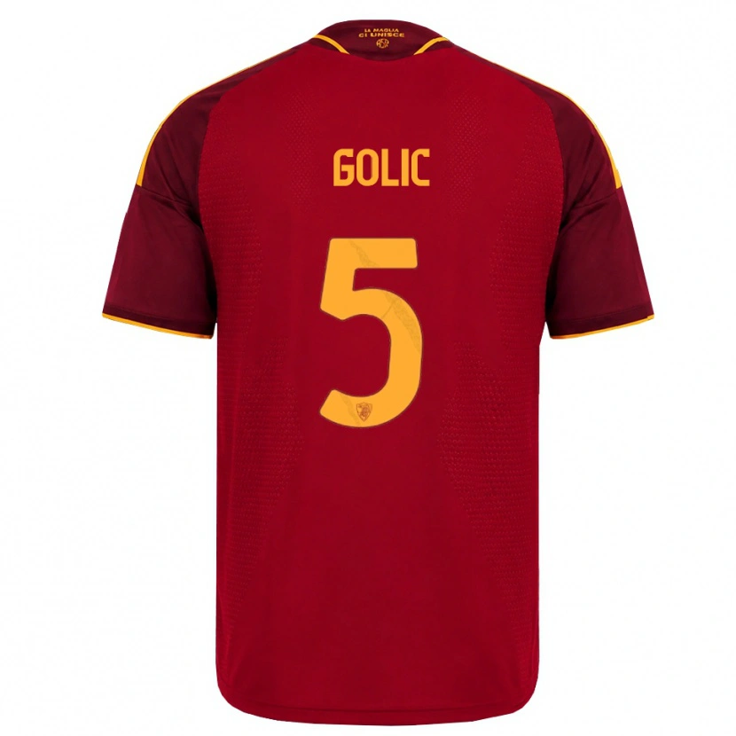 Danxen Børn Lovro Golic #5 Rød Gylden Gul Hjemmebane Spillertrøjer 2026/27 Trøje T-Shirt