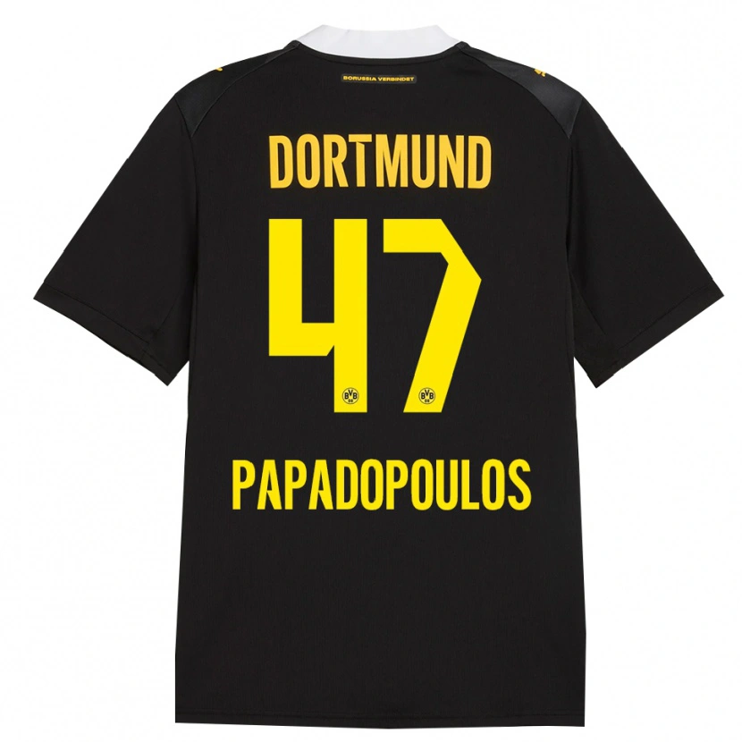 Danxen Børn Antonios Papadopoulos #47 Sort Rød Gul Udebane Spillertrøjer 2026/27 Trøje T-Shirt