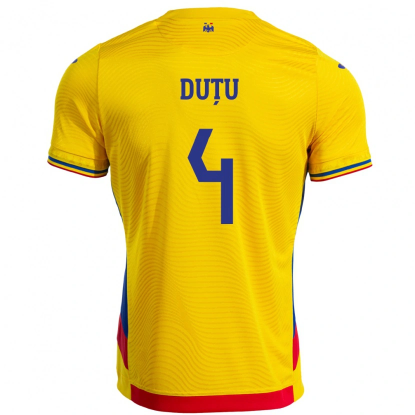 Danxen Børn Rumænien Ștefan Duțu #4 Gul Hjemmebane Spillertrøjer 24-26 Trøje T-Shirt