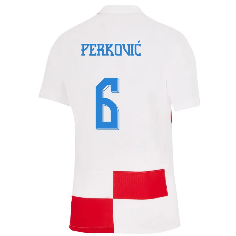 Danxen Børn Kroatien Mauro Perkovic #6 Hvid Rød Hjemmebane Spillertrøjer 24-26 Trøje T-Shirt