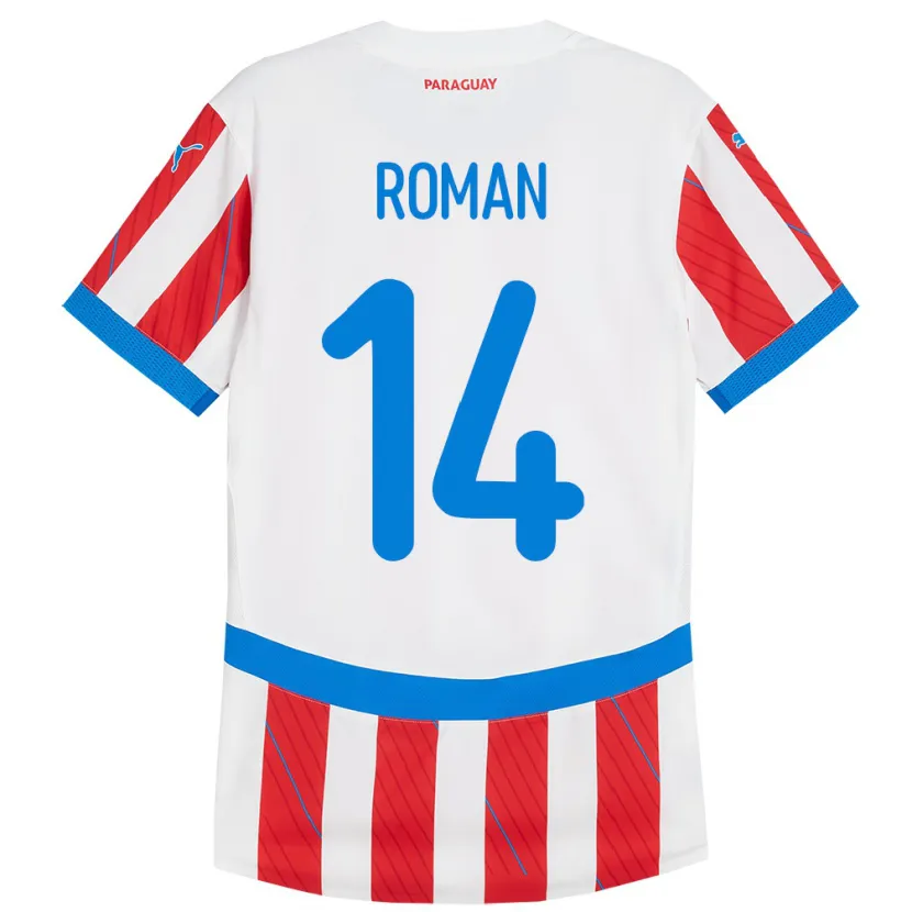 Danxen Børn Paraguay Fernando Román #14 Hvid Rød Hjemmebane Spillertrøjer 24-26 Trøje T-Shirt