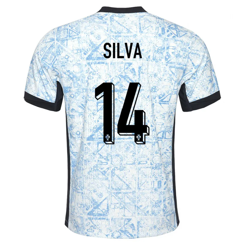 Danxen Børn Portugal Dolores Silva #14 Creme Blå Udebane Spillertrøjer 24-26 Trøje T-Shirt